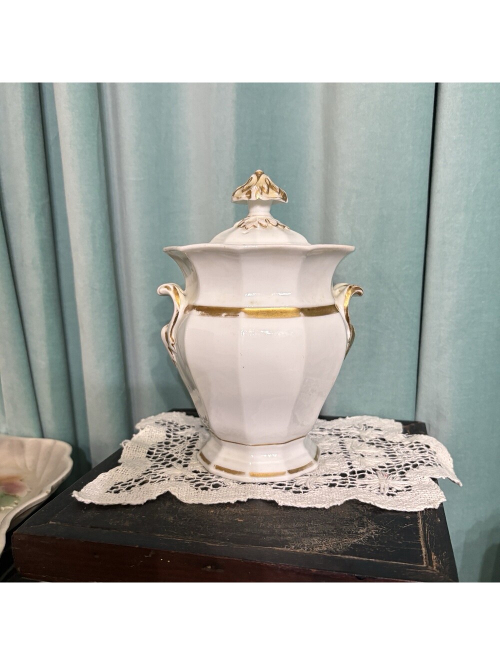 Antique 19th c. old Paris porcelain sugar bowl in white with gold.